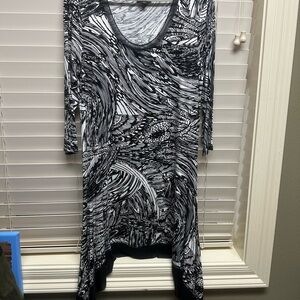 Black and white dress, with longer sides